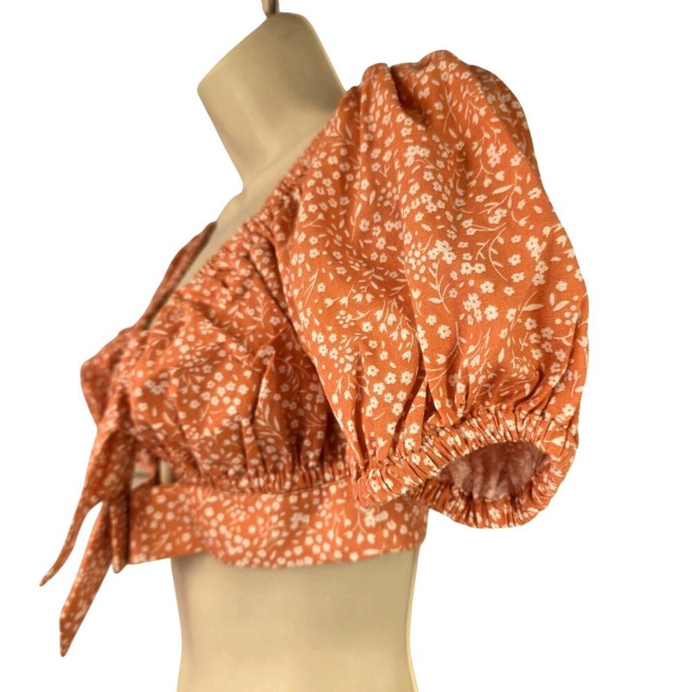 Sabo Skirt Neviah Crop Top Womens S Peach Floral Puff Sleeve Tie Front Crop NWT - Picture 6 of 9
